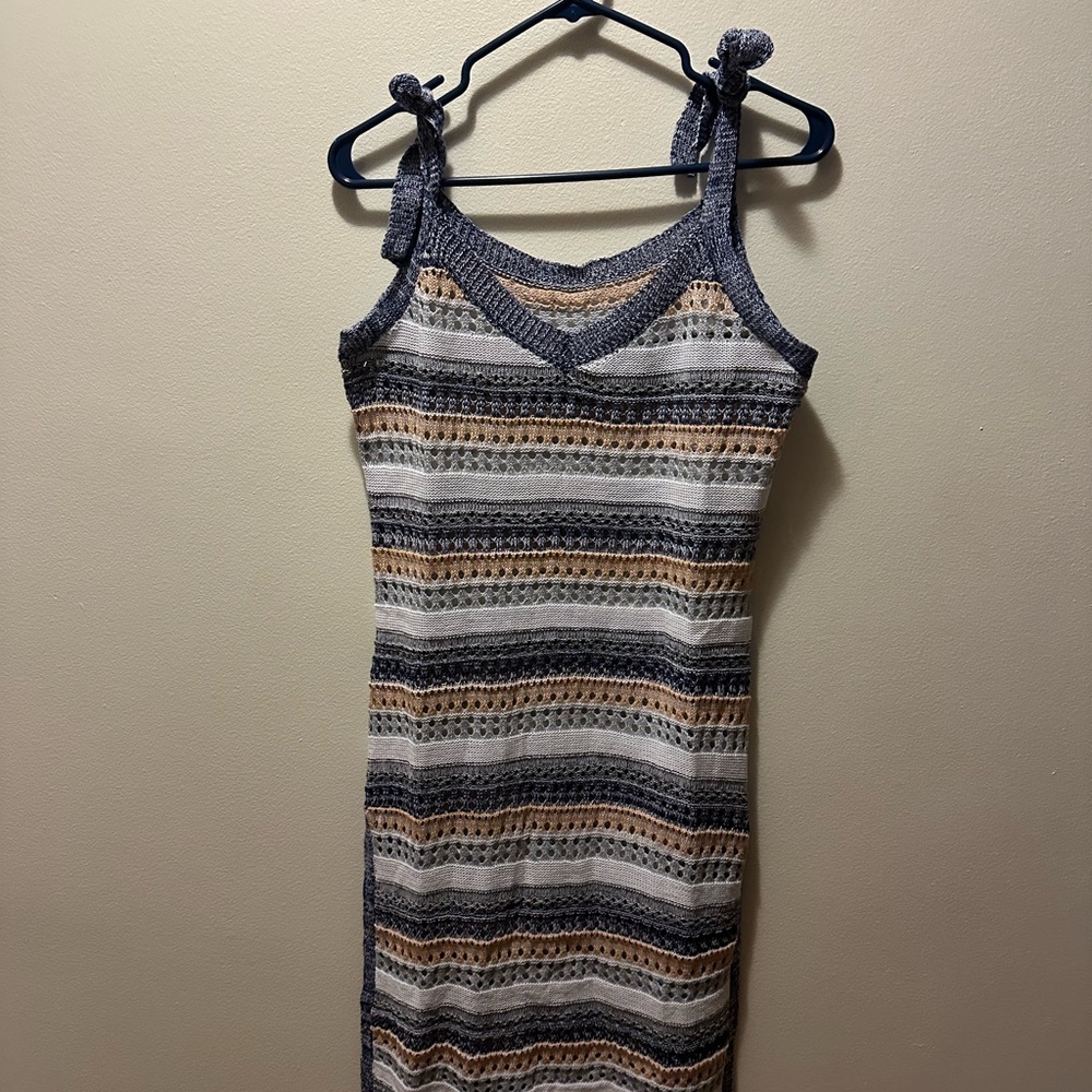 Striped Knit Sleeveless Dress - Gray, Brown, Cream